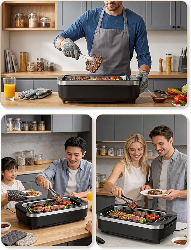 Smokeless Indoor Grill, COWSAR 1500W Electric Grill Indoor with Drip Tray & Tempered Glass Lid, Portable Non-Stick Korean BBQ Grill, 6-Level Control, 90 Min Auto Timer, Dishwasher Safe, Black