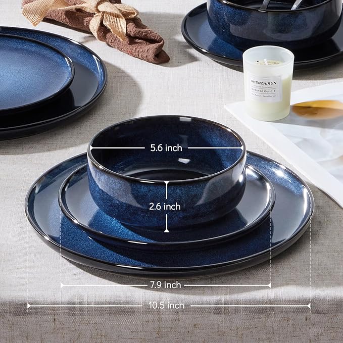 E-far Dinnerware Sets for 4, 12-Piece Stoneware Plates and Bowls Set, Ceramic Dishes Reactive Glaze Dinning Ware, Microwave & Dishwasher Safe - Deep Sea Blue
