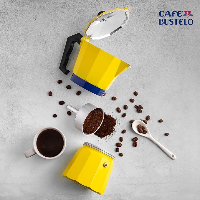 LORD'S ROCKS Café Bustelo Stovetop Espresso Maker – 300 ml Cup Moka Pot Coffee Percolator, Durable Aluminum with Heat-Resistant Handle, Bold Yellow Design – Authentic Café-Style Coffee at Home