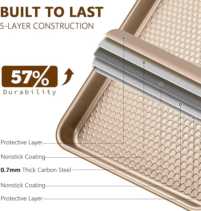 Wildone 2 Pack Half Sheet Baking Pans, Honeycomb Embossed Nonstick Baking Sheet 17.5x12 In, Thicker Carbon Steel Cookie Sheet, Even Heating & Warp Resistant, Champagne Gold