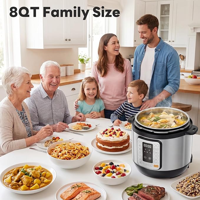 DUMOS Electric Pressure Cooker 16-in-1, 8QT Programmable Multi Cooker with 12 One-Touch Presets, Soup Steam Yogurt and More, Ceramic Inner Pot Delay Start & Keep Warm, Includes Recipe Guide, Silver