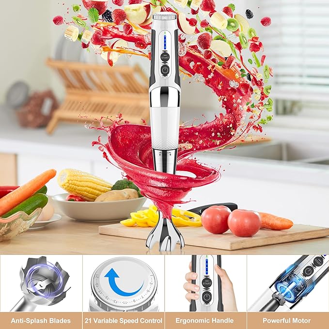 Toogel Cordless Immersion Blender, 3-in-1 Electric Hand Blender with 21-Speed & 3-Angle Adjust, USB Rechargeable, BPA-Free & Dishwasher Safe for Baby Food, Smoothies, Soup (White)