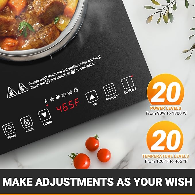 AMZCHEF Portable Induction Cooktop 20 Temperature & Power Levels, 1800W Induction Stove Burner with 6.8" Heating Coil, Low Noise Hot Plate Single Electric Cooktops Countertop Stove with Timer