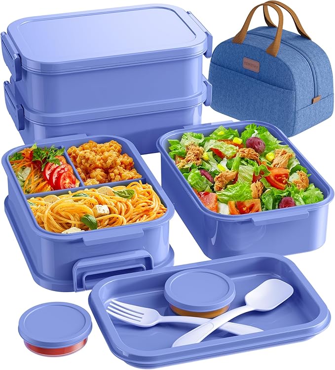 KEMETHY Adults Bento Lunch Box Set with Thermo Bag, 74oz Stackable Leak-proof 3-tiers Bento Box, Built-in Utensil and Sauce Container for Work, School, Dining Out (Purple)