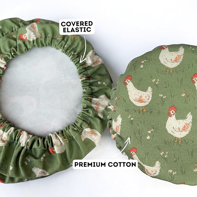 (4-Pack) Sourdough Reuseable Jar & Bowl Covers | Cute Baking Gift | 100% Cotton | Washable | Bread Proofing | Kitchen Food Storage Gifting | Starter Cover Lid Kit (Chickens)