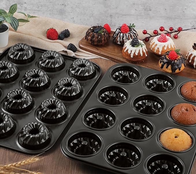 Webake 2 Pack Mini Fluted Tube Cake Pan, Non-Stick 2.8 Inch Cake Pans, Heavy Gauge Carbon Steel 12-Cavity