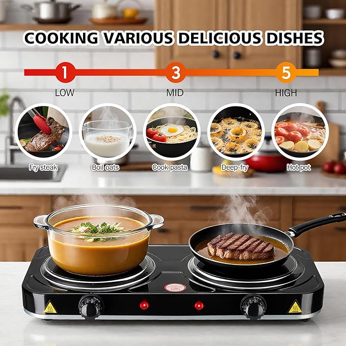 Electric Hot Plate, 2200W Countertop Burner, Cast Iron 2 Burners, Portable Electric Burner Stove, Portable Double Burners for Cooking,Easy to Clean, Black