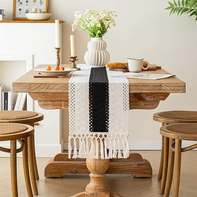 FEXIA Boho Table Runner for Home Decor with Tassels 108 Inches Long,Black Farmhouse Rustic Table Runner Macrame Burlap Table Decoration for Living Room Bridal Shower(12x108 Inches)