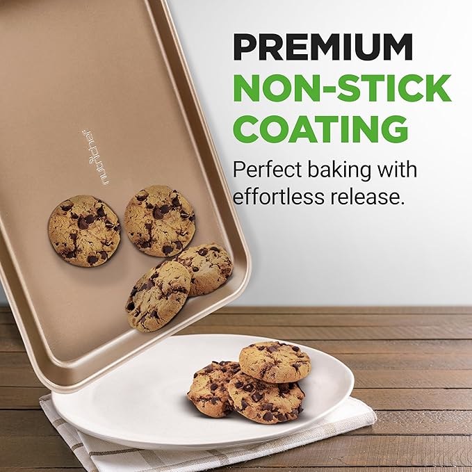 NutriChef 2-Piece Nonstick Stackable Cookie Sheet Set – Non-Toxic Carbon Steel Baking Pans – Heavy Duty, Warp-Resistant, Easy to Clean, Oven & Dishwasher Safe Bakeware