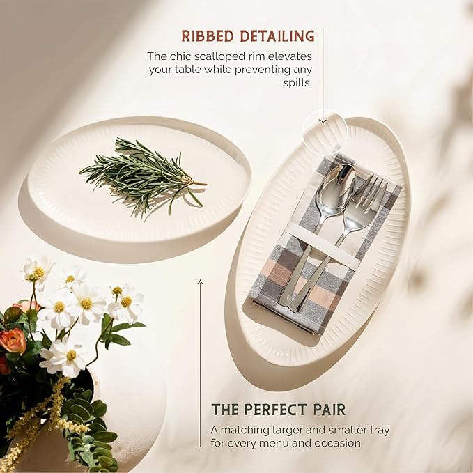 Serving Dishes, 12/14", Durable Ceramic Platters, Ribbed Rim, Oval, Microwave and Dishwasher Safe, Medium/Small, Set of 2, Powder White, Tidal Collection