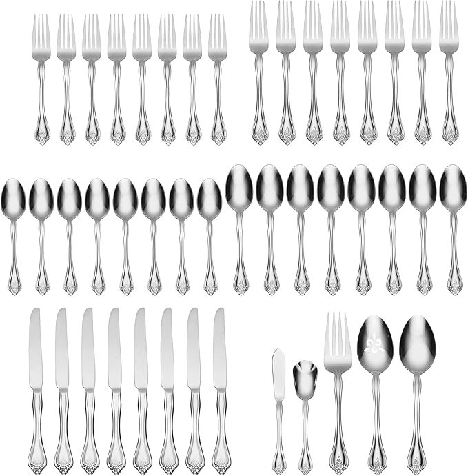 Oneida Boutonniere 45 Piece Everday Flatware, Service for 8, 18/0 Stainless Steel. Silverware Set, Dishwasher Safe, Multi (Pack of 3)