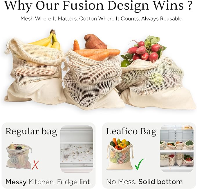 LEAFICO Reusable Produce Bags – 100% Cotton Mesh & Solid Hybrid (Medium 10x12 inch 6 Pcs) – Reusable Grocery Bags for Apples, Carrots, Bulk Vegetables – Washable, Plastic-Free, Breathable, Zero Waste