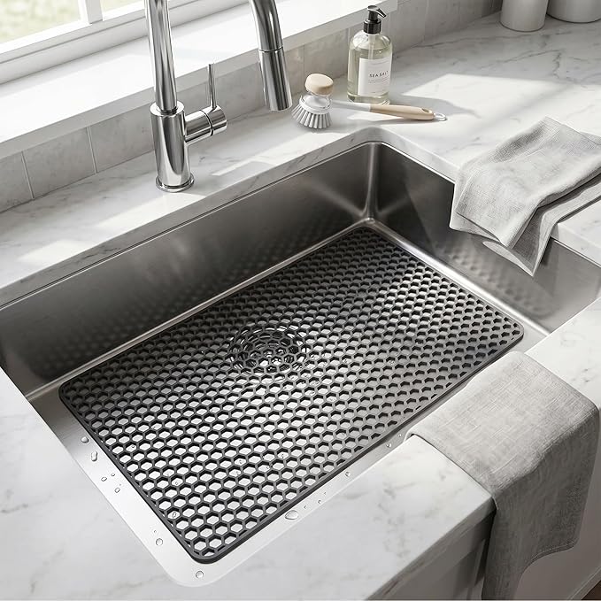 Sink Protectors for Kitchen Sink - 28.34" x 15.74" Silicone Sink Mat - Can DIY Drain Holes - Non-slip Heat Resistant Liner for Bottom of Farmhouse Porcelain Stainless Steel（Grey）