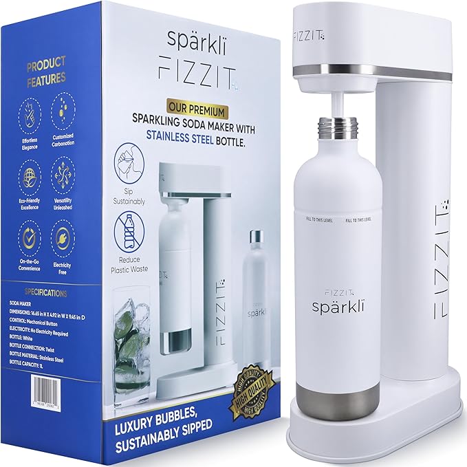 Fizzit Spärklï Carbonated Water Soda Maker in White with 2 Black Stainless Steel Bottles & 1 White Stainless Steel Bottle