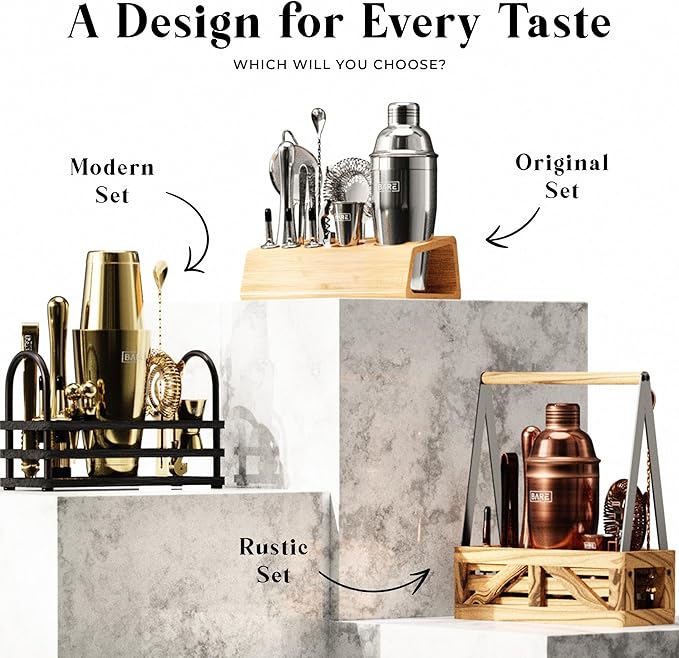 BARE BARREL® Mixology Bartender Kit Bar Set | 16-Piece Cocktail Shaker Set | Martini Barware Mixing Tools for Home Bartending | Incl. 35 Recipe Cards | Gift Set (24oz Cobbler Shaker, Copper/Black)