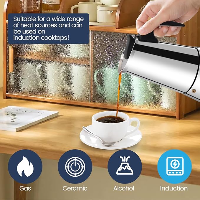 2 Cup Moka Pot Stainless Steel 100ml Italian Espresso Coffee Maker Stovetop CoffeeMakers Mocha Pot Percolator for Induction Stove Classic Cafe Makers Portable for Easy Brewing Tummy