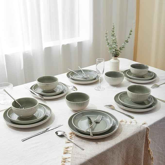 Stoneware Dinnerware Sets Service for 12, 36 pcs Reactive Glaze Plates and Bowls Sets, Handmade Ceramic Dish Set, Highly Chip and Crack Resistant Modern Plate Set, Gradient Green