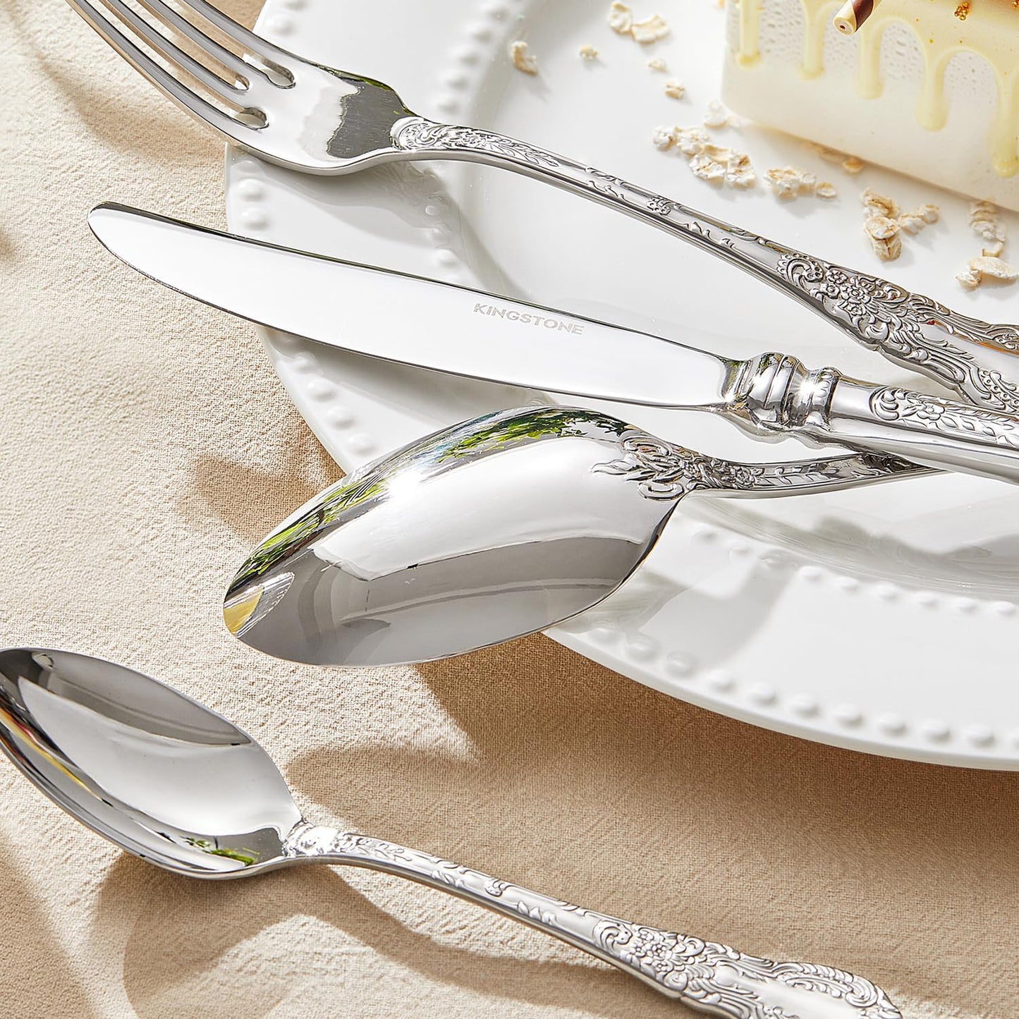 KINGSTONE Vintage Carved Silverware Set, 60-Piece 18/10 Stainless Steel Flatware Cutlery Set with Retro Royal Thick Handle, Tableware Utensils for Home, Restaurant, party, Wedding, Dishwasher Safe