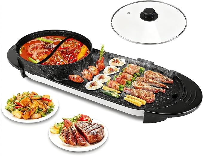 Hot Pot Electric with Grill, 2 in 1 Smokeless Non-Stick Shabu Shabu Pot with Korean BBQ Grill, Independent Dual Temperature Control, 2200W Fast Heating, for Family Gatherings or Friends' Parties