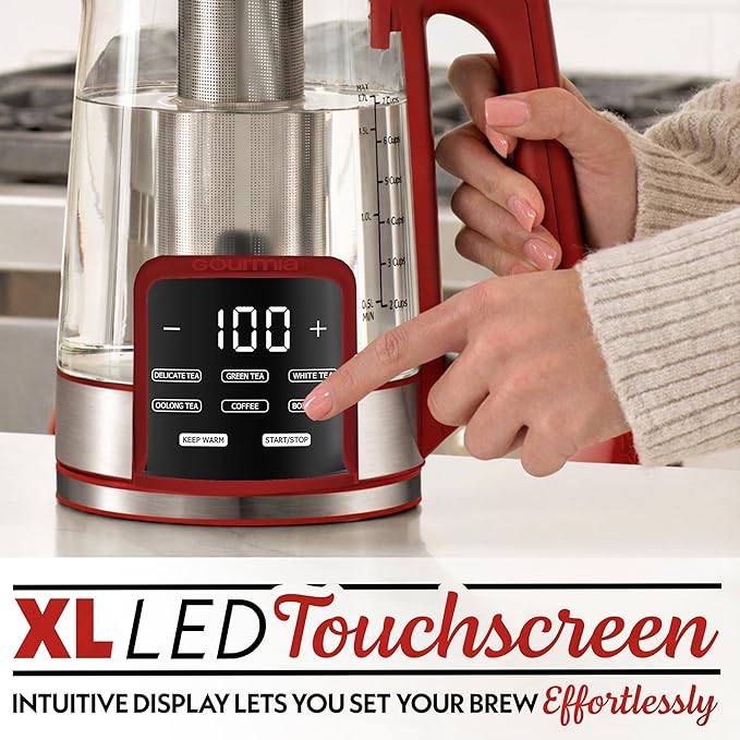 Gourmia Electric Glass Kettle – 1.7L Programmable Tea & Coffee Brewer with Digital Touch Display, 6 Presets, Removable Stainless Steel Infuser, Cordless with 360° Swivel Base, Red