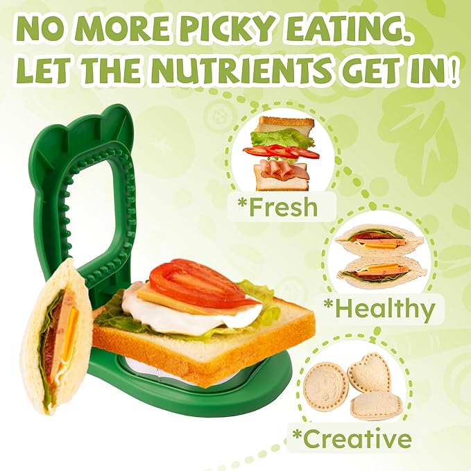 LEPCY Uncrustables Sandwich Maker Sealer Cutter, Crustless Sandwich Cutter, PB&J Uncrustable Maker - Color Green, Square Shape