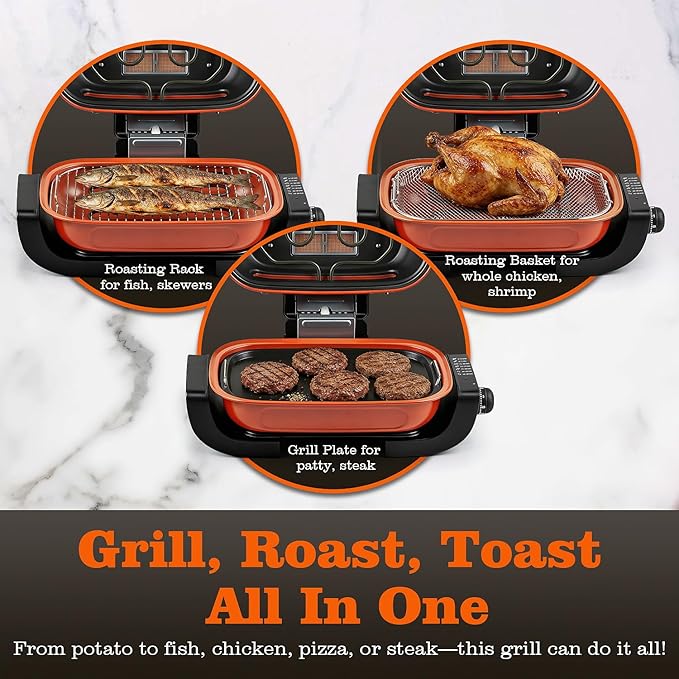 Electric Grill, Techwood 3-in-1 Indoor Grill Fish Roaster, Odor-Free 3-Layer Filter Korean BBQ Grill, Timer Control Knob, Double Sided Heating, Roast, Toast, Grill & More for Parties & Everyday Meals