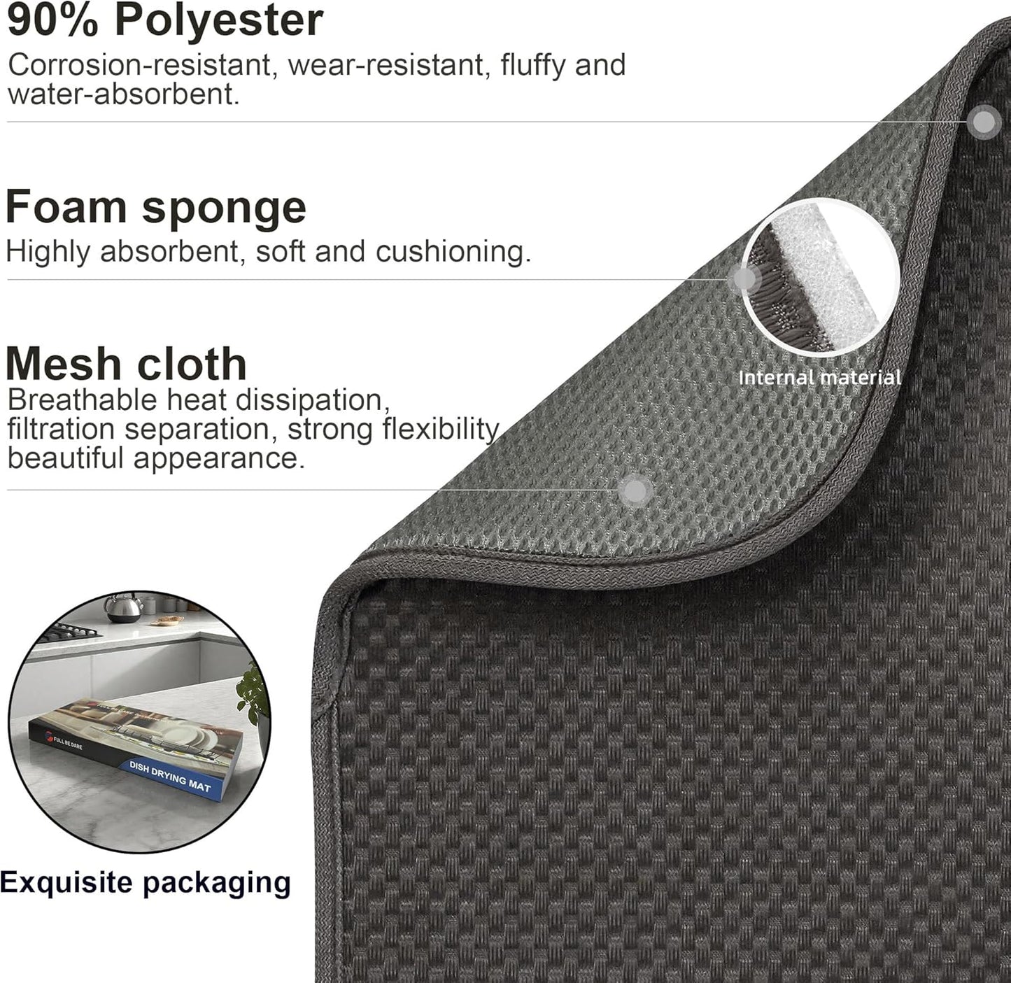 Dark Gray Dish Drying Mats 17” x 24” – Extra Large Kitchen Drying Mat for Countertop, Absorbent Microfiber Dish Rack Mat, Foldable Dish Pad for Dishes, Pans – Reusable Dish Drainer Mat