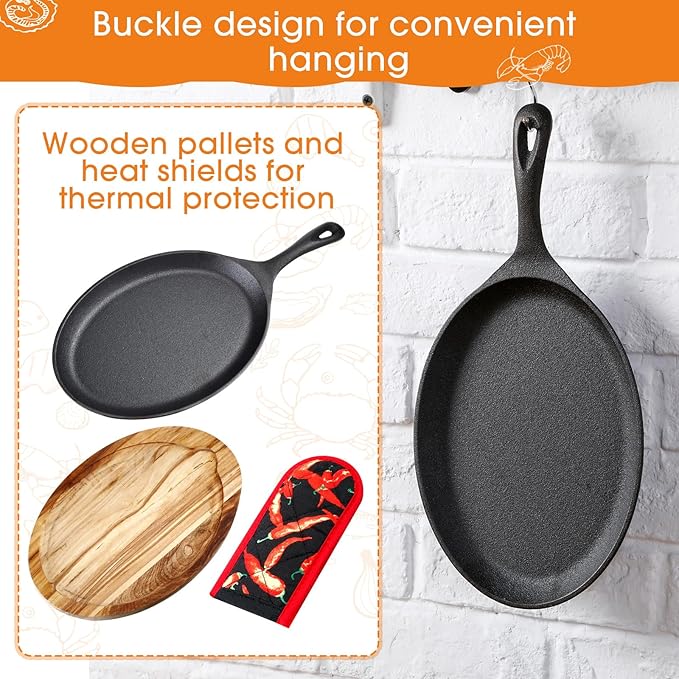 Lallisa 2 Sets Cast Iron Fajita Plate Set Fajita Plate Pan with Wooden Tray Anti Scald Protection Hot Mitt Cast Iron Skillet Set for Home Barbecue Kitchen Party Restaurant Catering Service