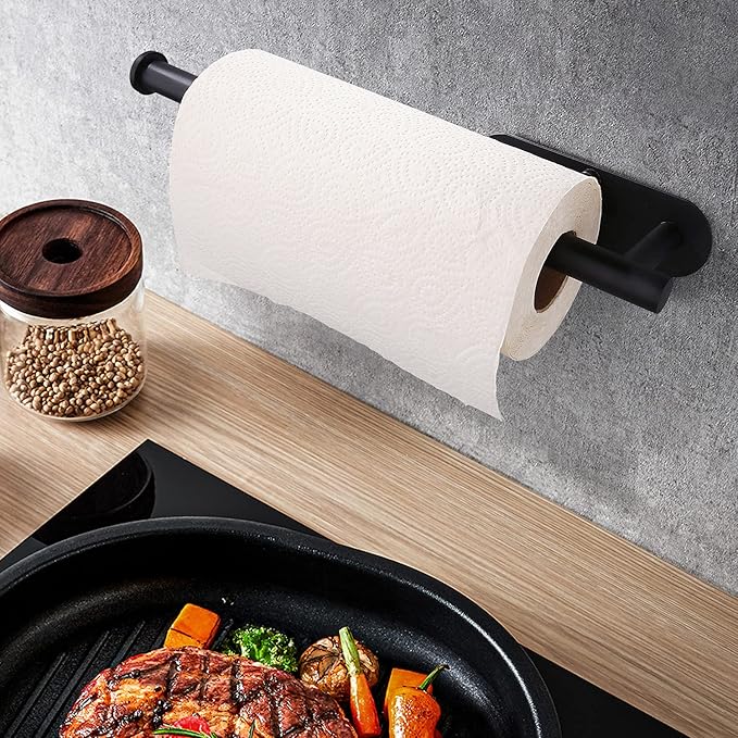 Paper Towel Holders-Blcak,Paper Towels Rolls - for Kitchen,Paper Towels Bulk- Self-Adhesive Under Cabinet,Both Available in Adhesive and Screws,Stainless Steel(Black 2PC)