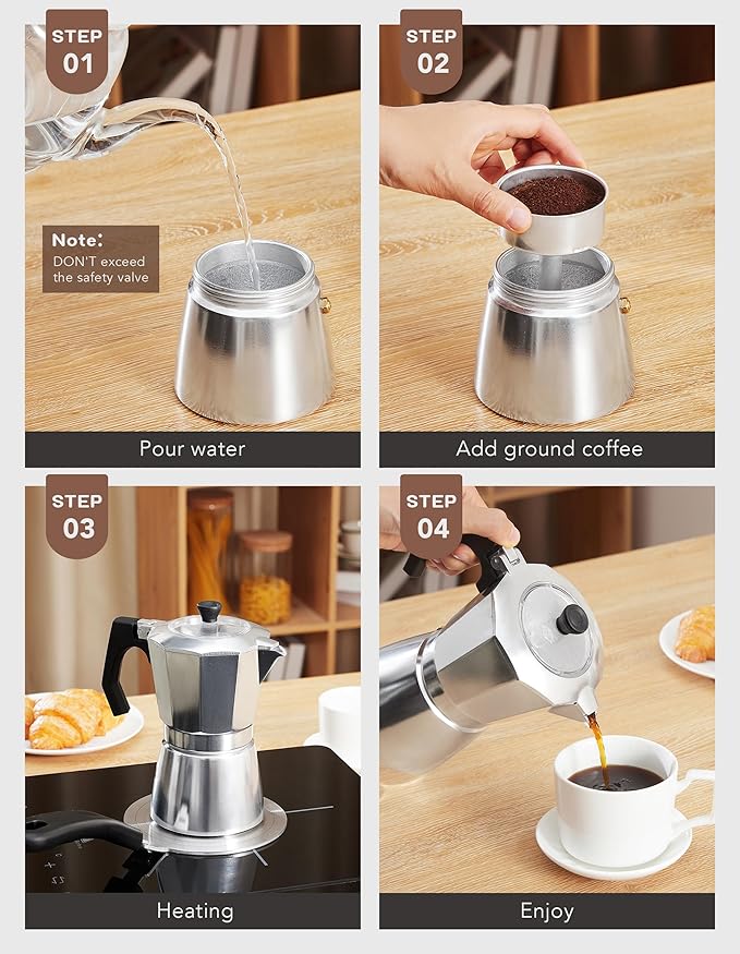 2Pcs - 1 Moka Pot Espresso + 5.5 Inch Stainless Steel Induction Plate Adapter, 6 Cup Aluminium Italian Stovetop Espresso Maker, Transparent Cover, Portable Coffee Maker for Camping