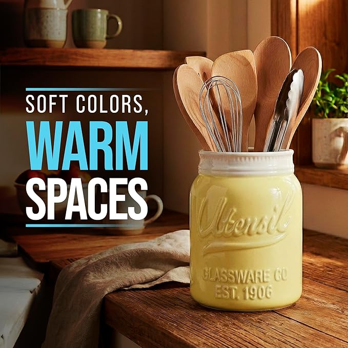 Comfify Wide Mouth Mason Jar Utensil Holder Decorative Kitchenware Organizer Crock, Dishwasher Safe - Kitchen Caddy Green, Large Size 7" High - Yellow