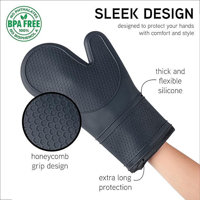 COOK WITH COLOR Silicone Oven Mitts- Heat Resistant Gloves with Soft Quilted Lining Oven Mitt Pot Holders for Cooking and BBQ, Black, Mitt Set