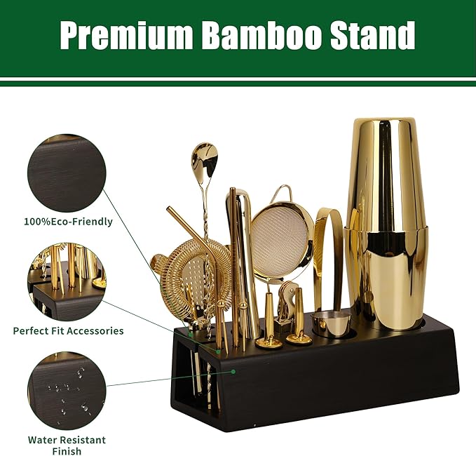Cocktail Shaker Set Bartender Kit with Bamboo Stand, 15-Piece Stainless Steel Bar Set Accessories, Professional Bartending Kit Home Bar Tools Set with Recipes (Gold, Black Stand)