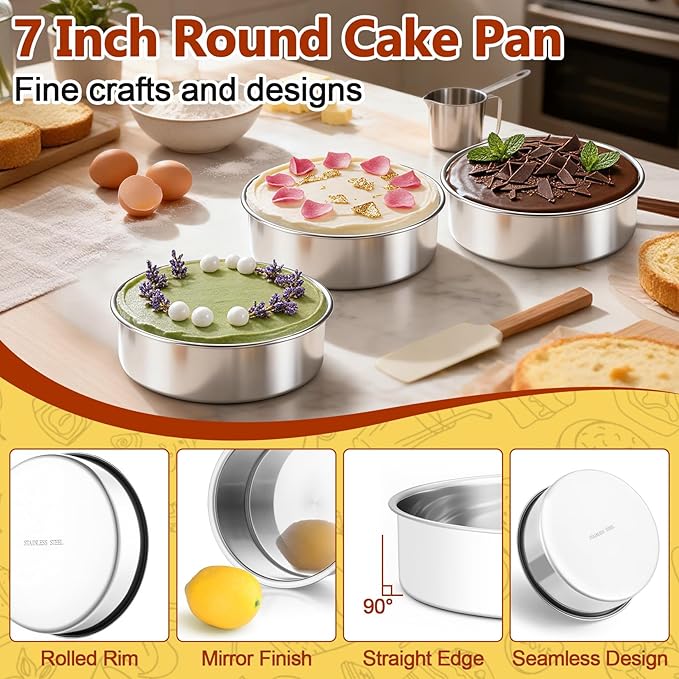 P&P CHEF 7 Inch Cake Pan Set of 3, 3 Pieces Round Layer Cake Baking Pans, Stainless Steel Smash Cake Tin Bakeware for Cooking Steaming, Nontoxic & Sturdy, Oven & Dishwasher Safe