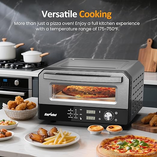 Pizza Oven Indoor Outdoor: Heats up to 750℉, Up to 12" Electric Countertop Pizza Maker with 6 Presets, Control Knob, Portable Pizza Cooker Warmer for Home, Camping, Pizza Stone, Pizza Peel