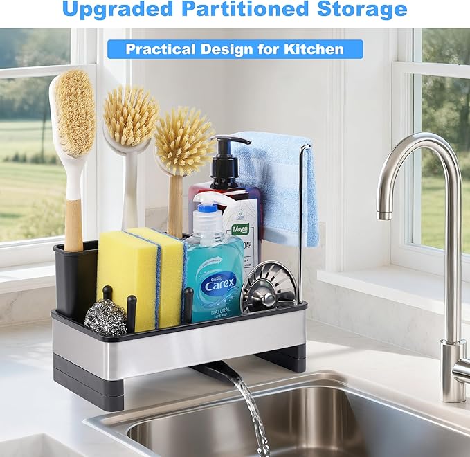 Kitchen Sink Caddy Organizer, Stainless Steel Sponge Holder, Kitchen Caddy Sink Organizer with Dish Brush Holder and Dishcloth Rack, Rustproof Dish Sponge Drying Rack for Countertop Storage