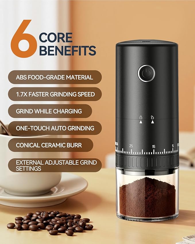 CEVING First Grind-While-Charging Rechargeable Coffee Grinder, 1.7X Faster Grinding with 38 External Adjustable Settings, Conical Ceramic Burrs & 2000mAh Battery, Portable for Travel, Camping, etc.