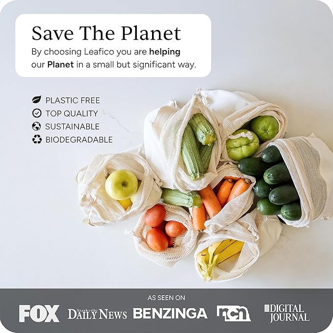 LEAFICO Reusable Produce Bags – 100% Cotton Mesh & Solid Hybrid (Large 12x15 inch 6 Pcs) – Storage Bags for Vegetables, Toys, Clothes, Travel Packing – Washable, Plastic-Free, Breathable, Zero Waste