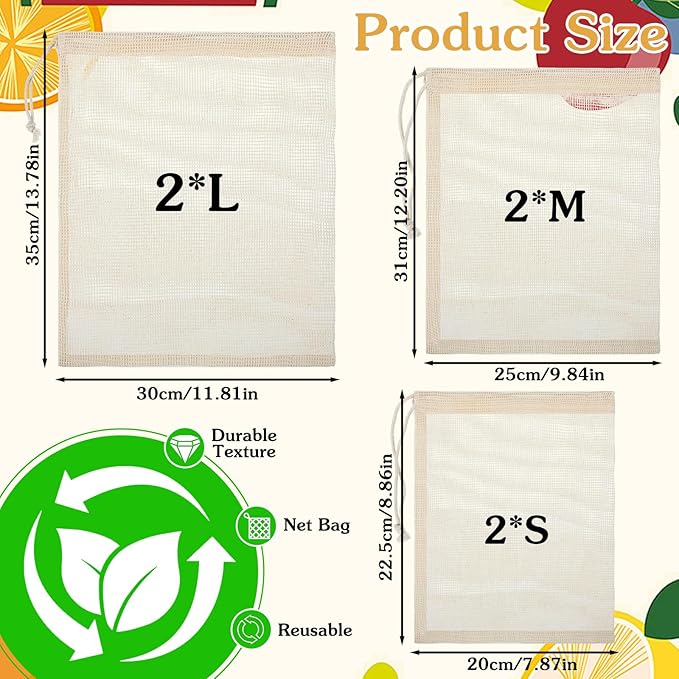 Larrel 6 Pack Reusable Mesh Produce Bags, Multi-Size Vegetable Bags Set with Drawstring, Washable Portable Mesh Grocery Bag for Vegetables Fruits Grocery Shopping Refrigerator Storage Travel