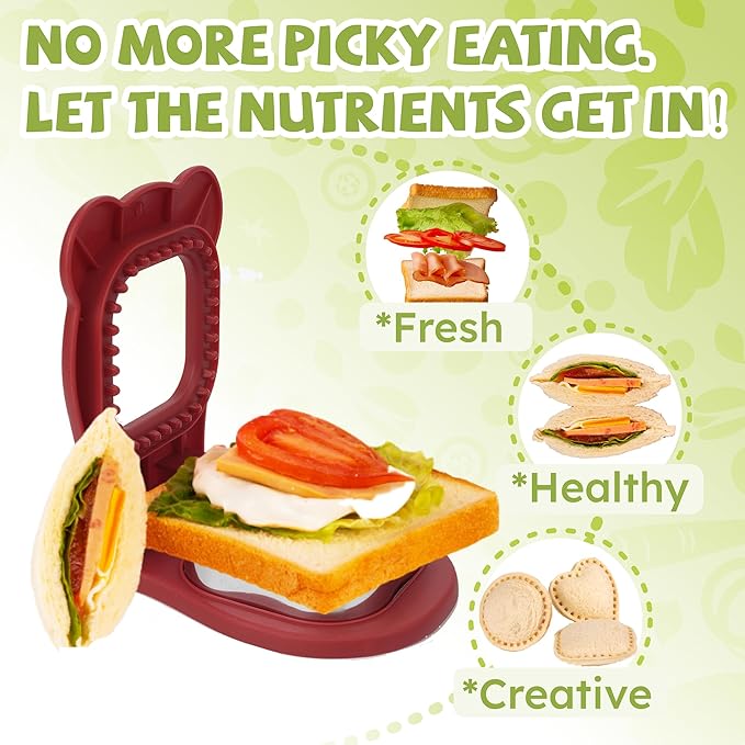LEPCY Uncrustables Sandwich Maker Sealer Cutter, Crustless Sandwich Cutter, PB&J Uncrustable Maker - Color Dark Red, Square Shape