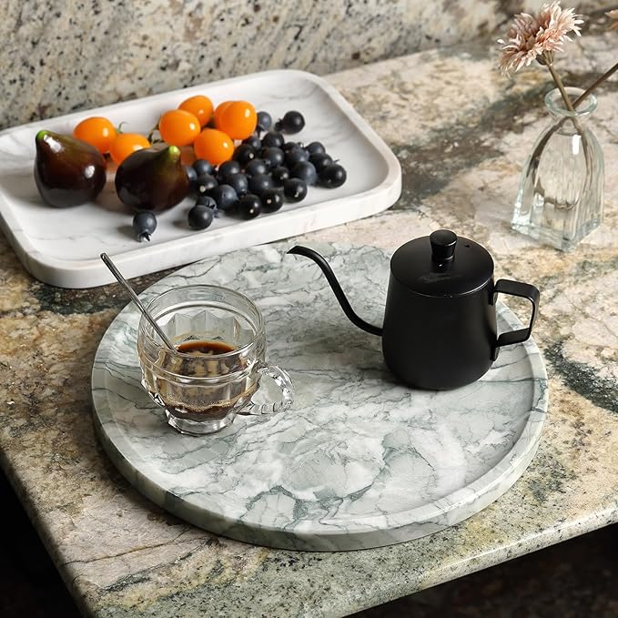 Natural Round Marble Tray, 11.7in Decorative Vanity Catchall Countertop Organizer for Jewelry Perfume Candles, Multi-Purpose Decorative Serving Tray - Light Green Verda Antique