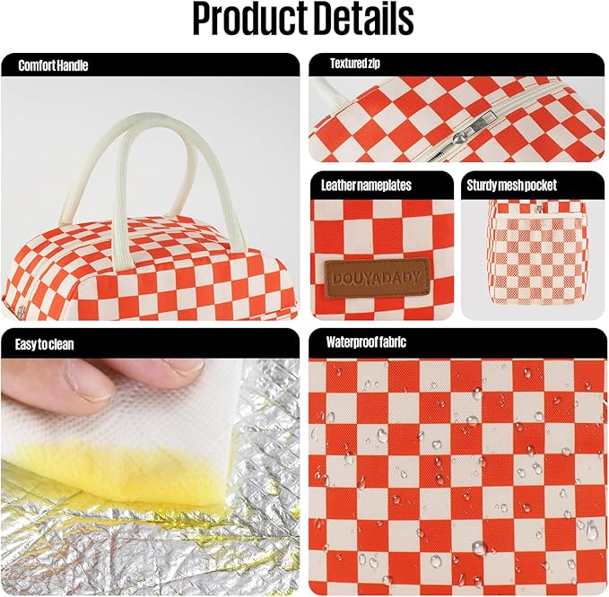 douyadady Lunch Bag Women/Men Lunch Box Women/Men (Red+Beige Checkerboard)
