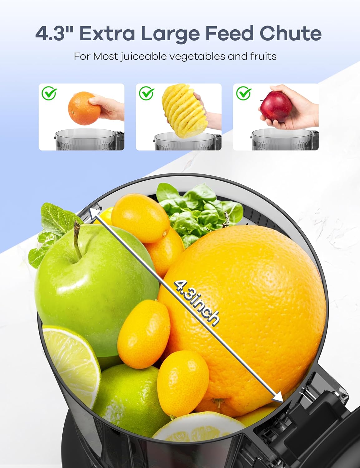 Ganiza Juicer Machines, Cold Press Juicer with 4.3" Large Feed Chute for Whole Fruits & Vegetables, Slow Masticating juicers with 3 Replace Filters for Batch Juicing, Easy to Clean, BPA Free (Black)
