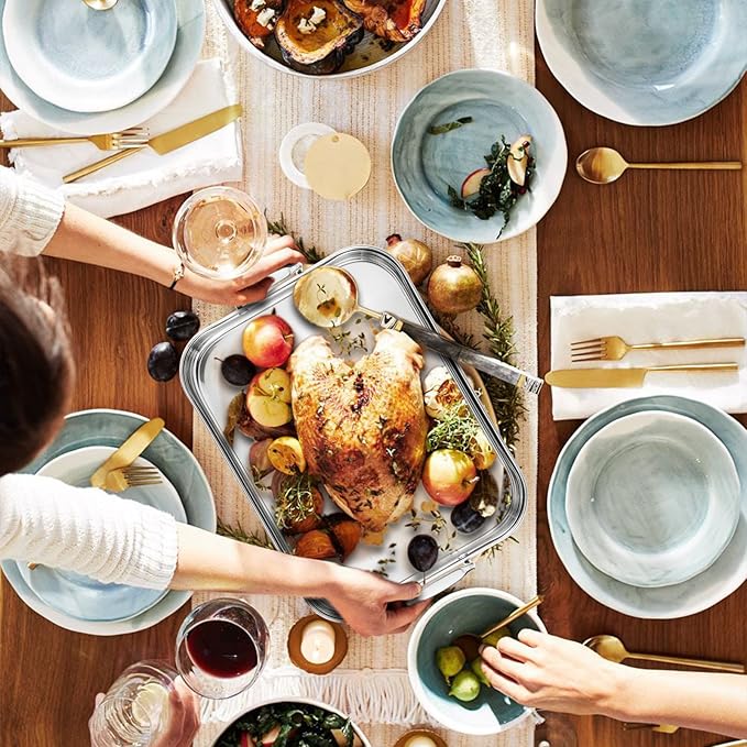 JY COOKMENT Roasting Pan with Baking Rack, 16.5 Inch Stainless Steel Turkey Roaster with Rack, Baster. Great for Turkey, Chicken, Ham, Vegetables