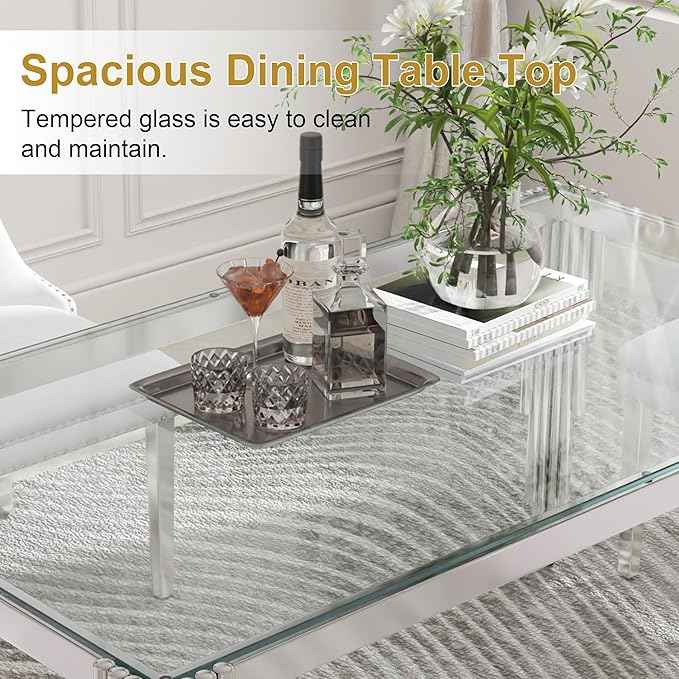 AF ARTISAN FURNITURE 53'' Glass Dining Table Set for 4, Kitchen Table Chairs Set of 4, Clear Silver Glass Dining Tables with Stainless Steel Legs, 4 Grey PU Dining Chairs, Living Room, Kitchen