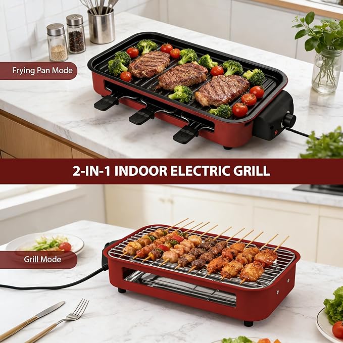 Pukomc Electric Indoor Grill,2 in 1 Indoor Grills for Kitchen with Grill Net & Non-Stick Cooking Removable Plate, Temperature Control, Dishwasher Safe, 1700W RED