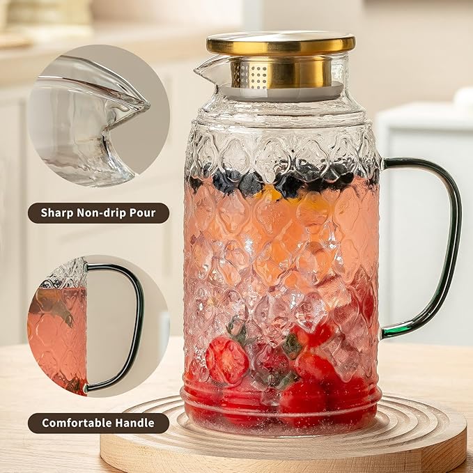 Buaic Glass Pitcher with Lid,84 oz/2.5 Liter Vintage Water Pitcher, Clear Borosilicate Glass Water Carafe for Cold Brew, Coffee, Lemonade, Iced Tea, Juice, Beverage, Heat Resistant Water Glass Jug