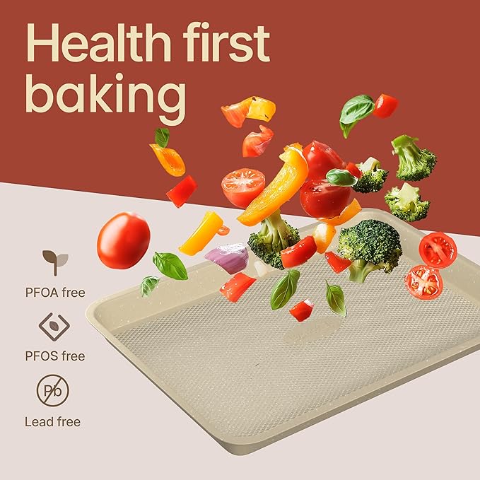 BAKKEN Kitchen Baking Pans - Nonstick White Coating, 13.58’’ × 9.65’’ Commercial Grade Carbon Steel Cookie Sheet, Diamond Texture Bottom, PFOA, PFOS, PTFE Free, Oven Safe Tray (450°F), White Marble