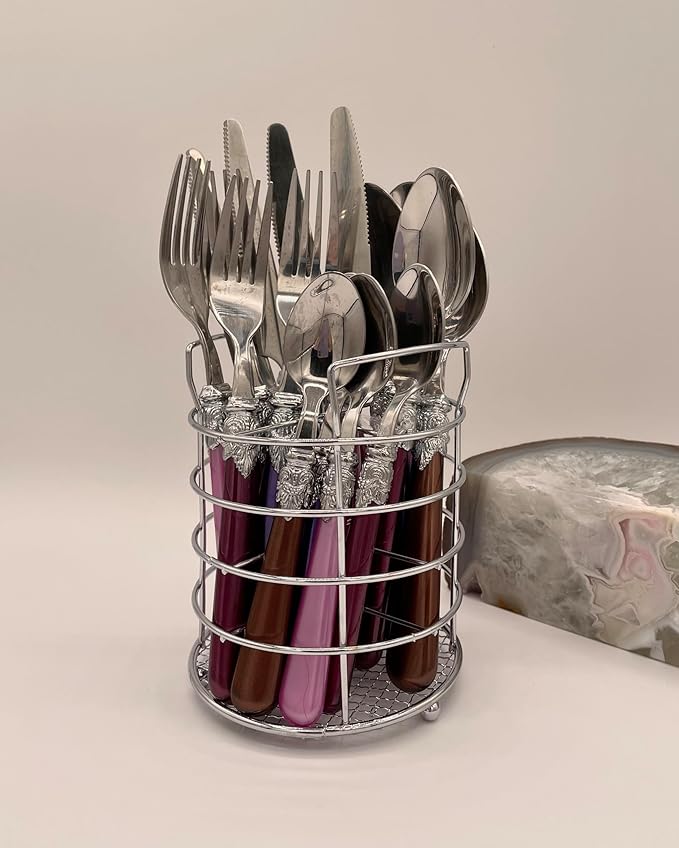 The Original Brink House Gala Mix & Match Stainless Steel Cutlery Set with High-Sheen Baroque Handles / 16 pieces with Metal Stand, Lifestyle utensils set for home, first apartment, dorm, dinner party