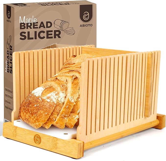 ABIOTO Serrated Bread Knife and Foldable Bread Slicer for Homemade Bread - An Ultimate Bread Slicing Set - No Splinters with HDPE Base and Maple Fingers
